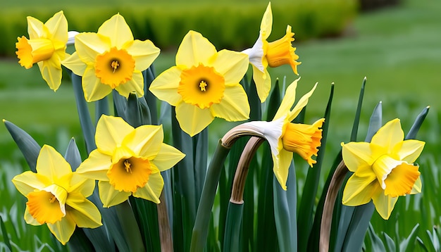 Photo a group of yellow daffodils with a white flower in the middle