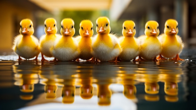 Group of yellow ducks sitting on top of body of water Generative AI