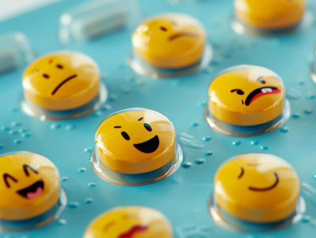 A group of yellow emoticions on a blue tray