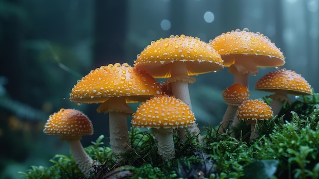 a group of yellow mushrooms with white dots on them