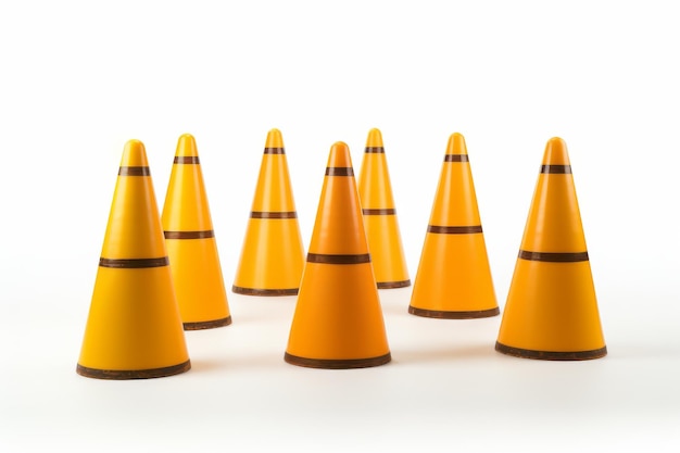 Group of Yellow Traffic Cones Arranged Neatly On a White or Clear Surface PNG Transparent Background