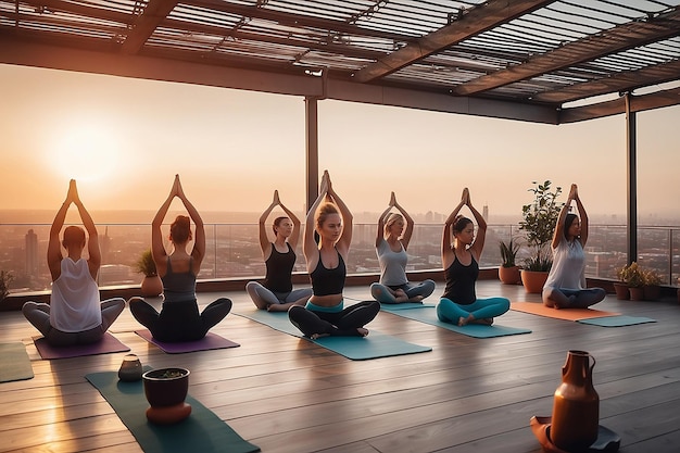 Photo group yoga meditation at sunset on rooftop