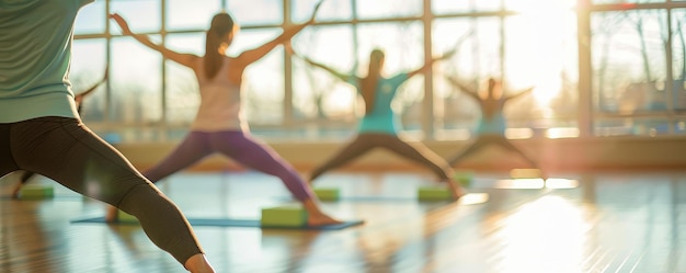 Photo group yoga session with participants using balance blocks exercise