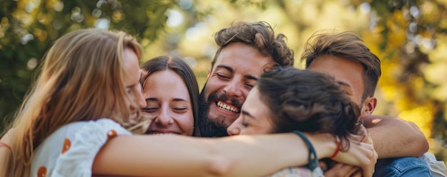 Group of young adults is sharing a warm embrace outdoors enjoying their friendship