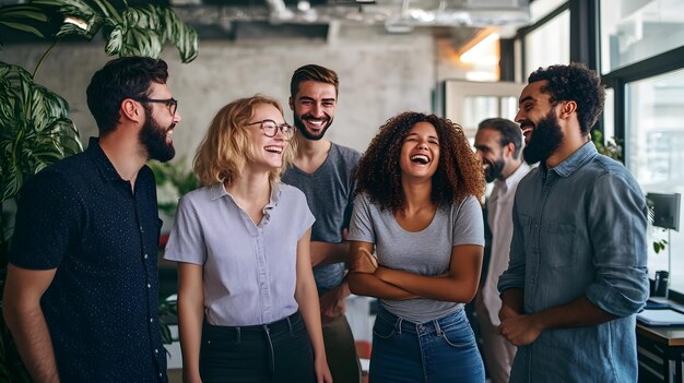 Photo group of young adults laughing together in a modern office setting