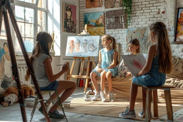 Photo group of young artist girls having draw lesson at art studio