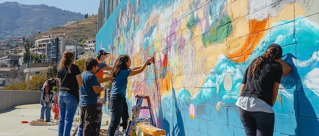 Photo group of young artists creating a mural