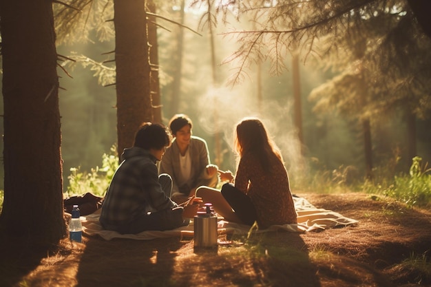 Group of young asian friends camping or picnic together in forest