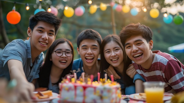 Group of young asian friends having fun and celebrating Birthday party outdoors friendship happiness