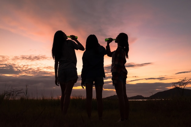 Group of young asian women cheering, drinking alcohol, having fun on weekend celebration.