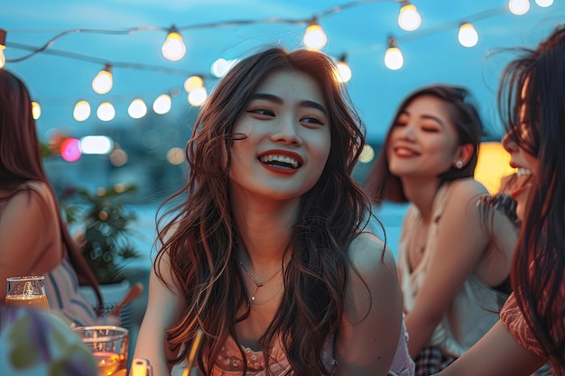 Photo a group of young asian women friends enjoying a party outdoors on a rooftop with a scenic city view in the background