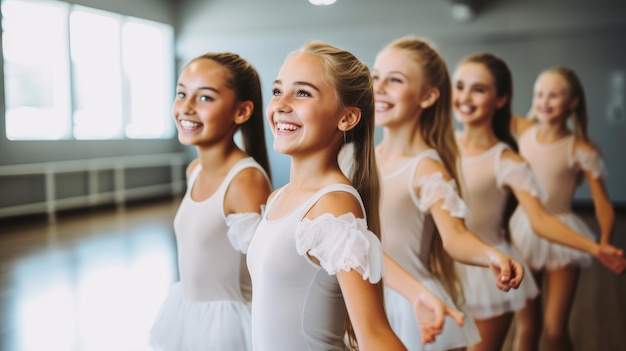 Group of Young Ballerinas Smiling in Ballet Class Practice