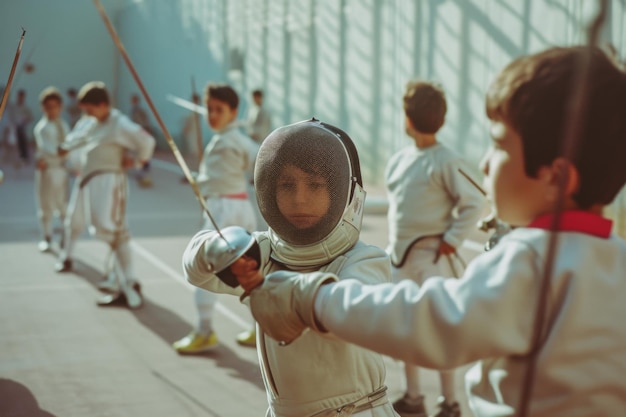 Photo group of young boys in fencing gear practicing their skills in a class setting