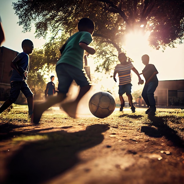 A group of young boys playing soccer in a field