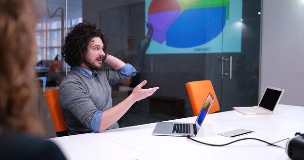 Group of a young business people discussing business plan at modern startup office building