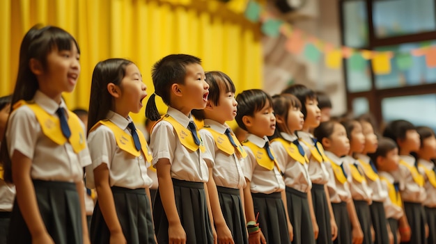 A group of young children are standing in a row wearing white shirts and black pants