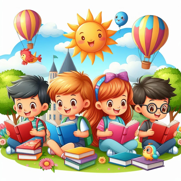 Group of young children cartoon character reading books beautiful weather