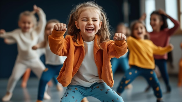 Photo a group of young children energetically participating in a dance class with a smiling girl in an orange sweater at the forefront