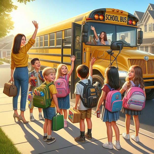 A group of young children excitedly boarding a yellow school bus