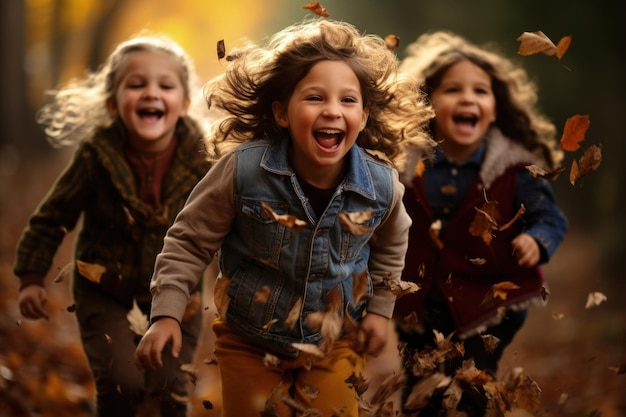 A group of young children running through leaves