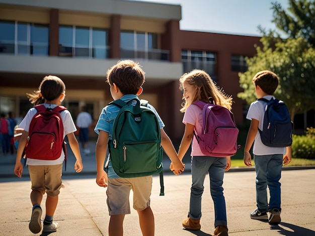 Group of young children walking together in friendship embodying the back to school generative ai