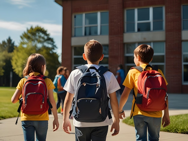 Group of young children walking together in friendship embodying the back to school generative ai