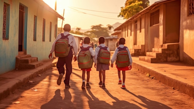 group of young children with backpacks are walking to school on the dusty street Back to school