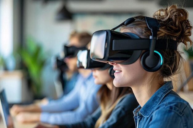 Group of young colleagues using a screen mockup for a virtual reality presentation modern office setting