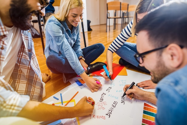 Group of young creative designers sitting on a floor and taking notes on big paper.