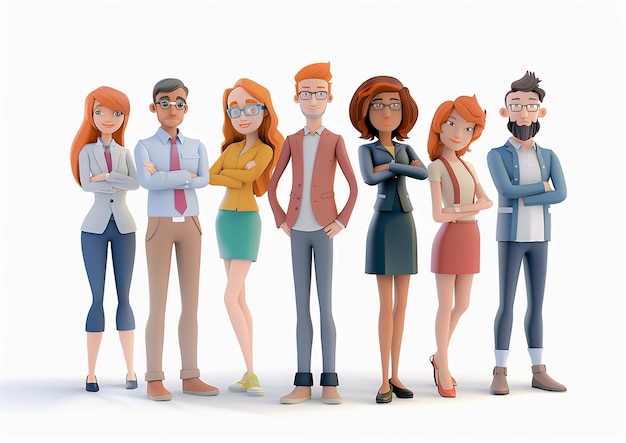 Group of young employees standing confidently white background 3D animation cartoon render