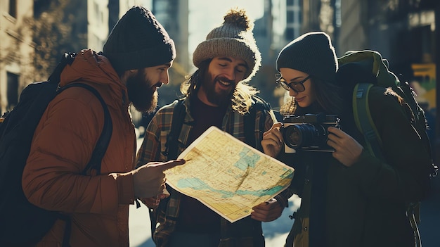 Photo a group of young friends explore the city laughing and using a map to navigate