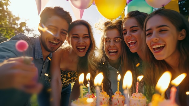 Group of young friends having fun and celebrating Birthday party outdoors friendship happiness