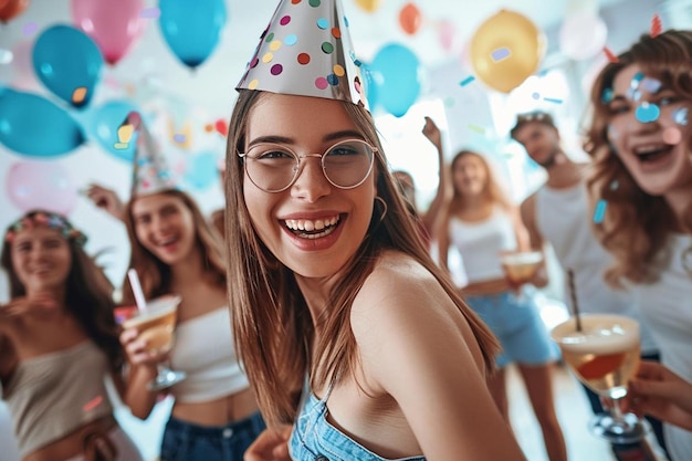 Group of young friends having party wearing funny costume accessories at home