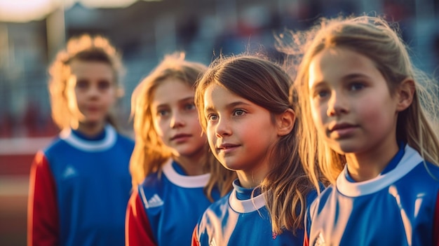 A group of young girls in blue and red jerseys stand on a soccer field.