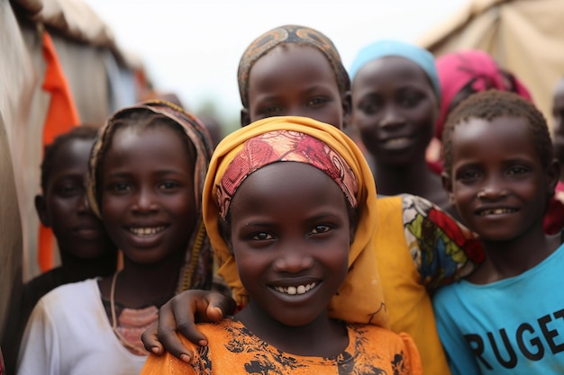 A group of young girls stand in a group of people World Refugee Day