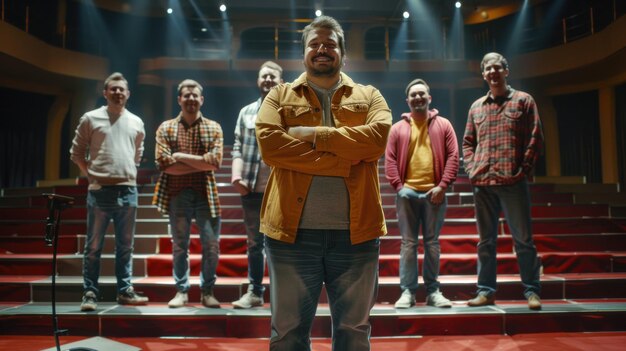 Photo a group of young men are singing on stage in front of a spotlight