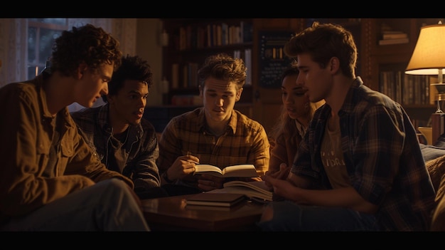 Photo a group of young men are sitting around a table and one of them is reading a book