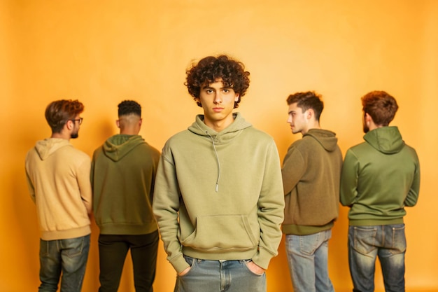 Photo a group of young men standing in front of a orange background