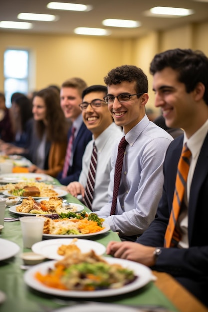 Group of young men and women sitting at a table and smiling