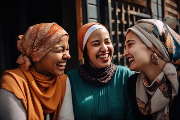 A group of young muslim women wearing headscarves having fun together Generative ai