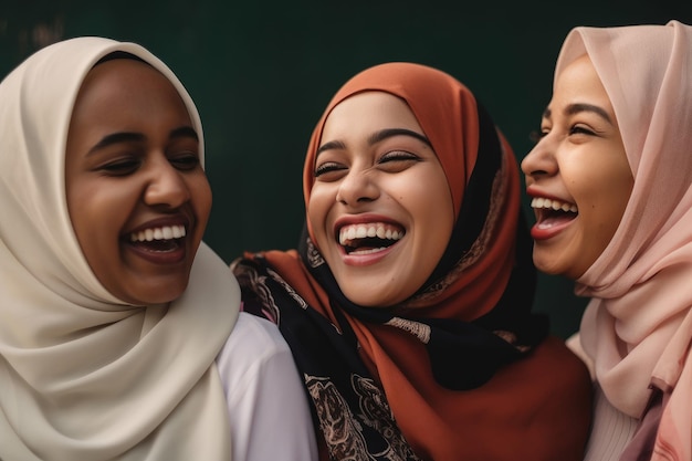 A group of young muslim women wearing headscarves having fun together generative ai