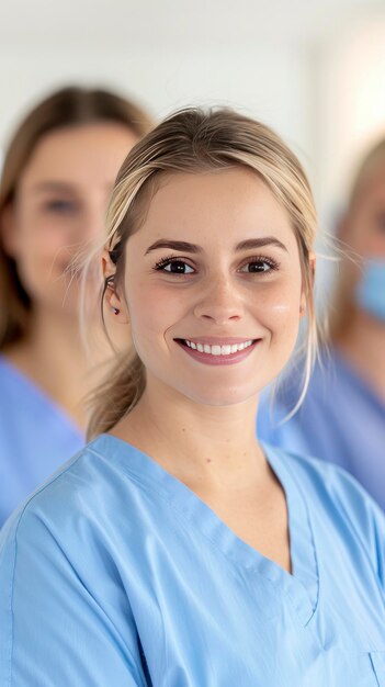 A group of young nurse students wearing scrubs are smiling and looking with blur background