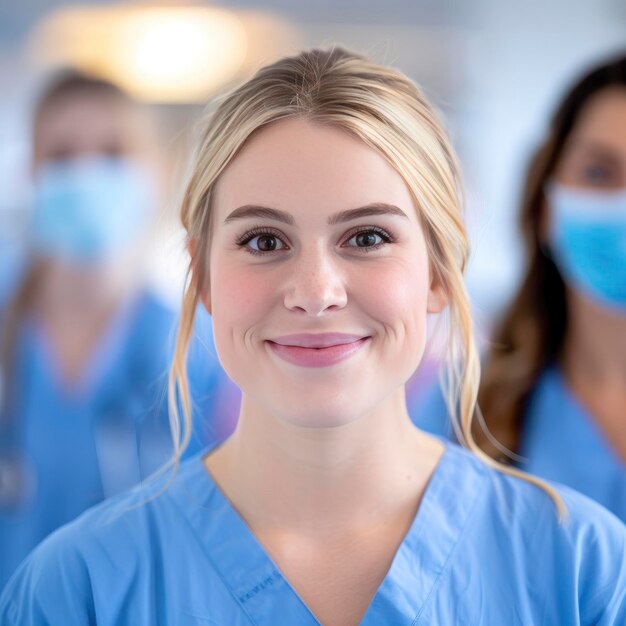 A group of young nurse students wearing scrubs are smiling and looking with blur background