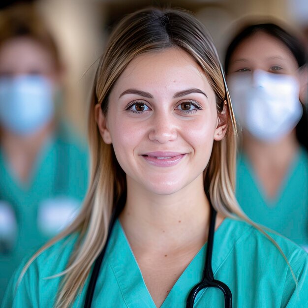 A group of young nurse students wearing scrubs are smiling and looking with blur background