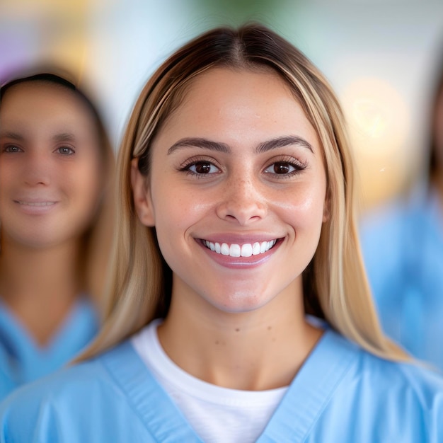 A group of young nurse students wearing scrubs are smiling and looking with blur background