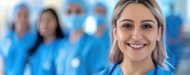 A group of young nurse students wearing scrubs are smiling and looking with blur background