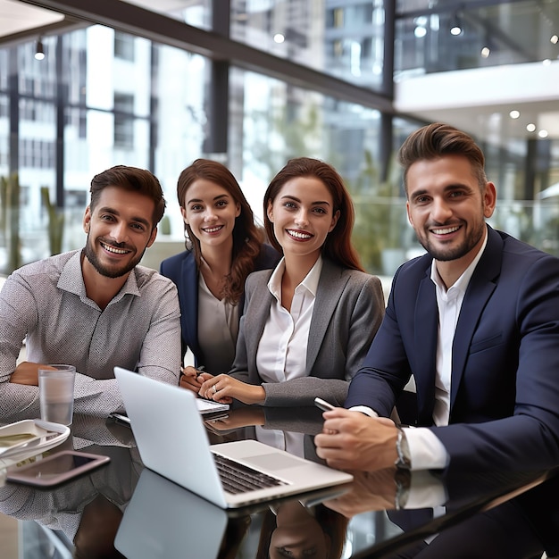 Group of a young office employees dressed casually in the suits having some office work at the large