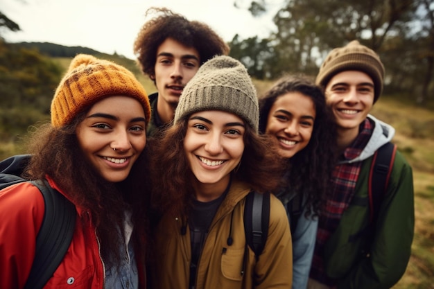 A group of young people are standing together in a field.