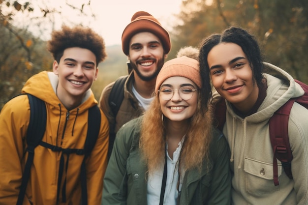 A group of young people are standing together in a park.