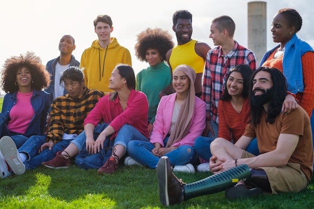 Group of young people of different ethnicities enjoying an afternoon outdoors